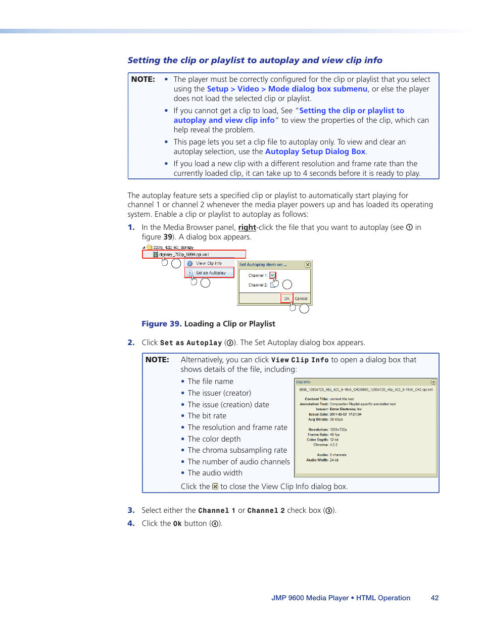 Setting the clip or playlist to, Autoplay and view clip info | Extron Electronics JMP 9600 User Guide User Manual | Page 48 / 122