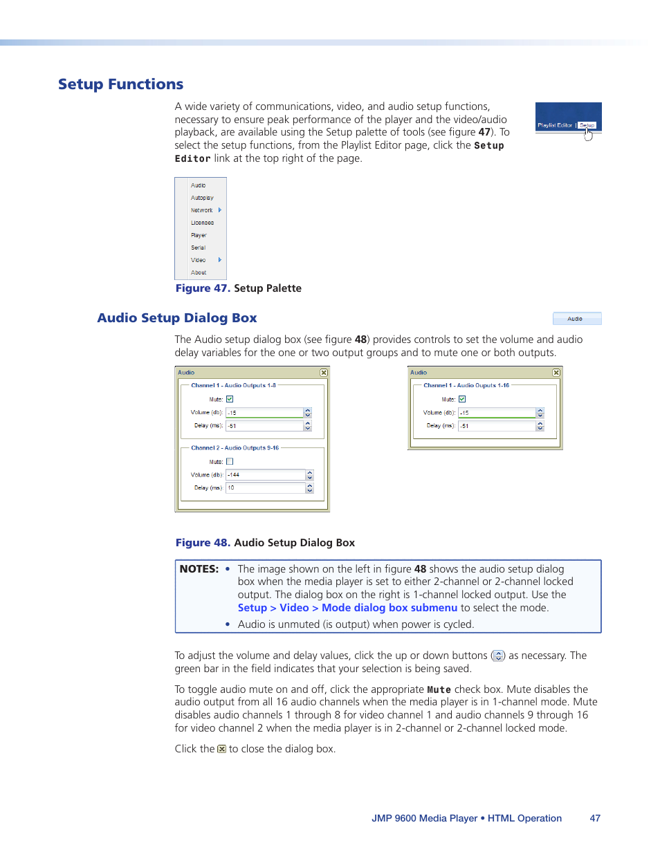 Setup functions, Audio setup dialog box, Setup dialog boxes | Figure 47 | Extron Electronics JMP 9600 User Guide User Manual | Page 53 / 122