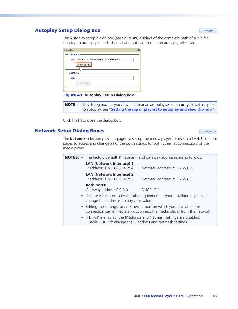 Autoplay setup dialog box, Network setup dialog boxes | Extron Electronics JMP 9600 User Guide User Manual | Page 54 / 122