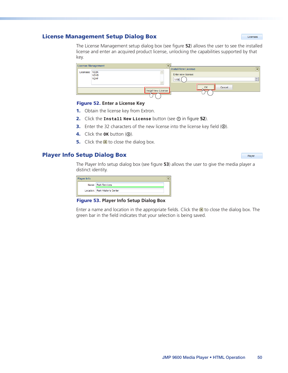 License management setup dialog box, Player info setup dialog box | Extron Electronics JMP 9600 User Guide User Manual | Page 56 / 122