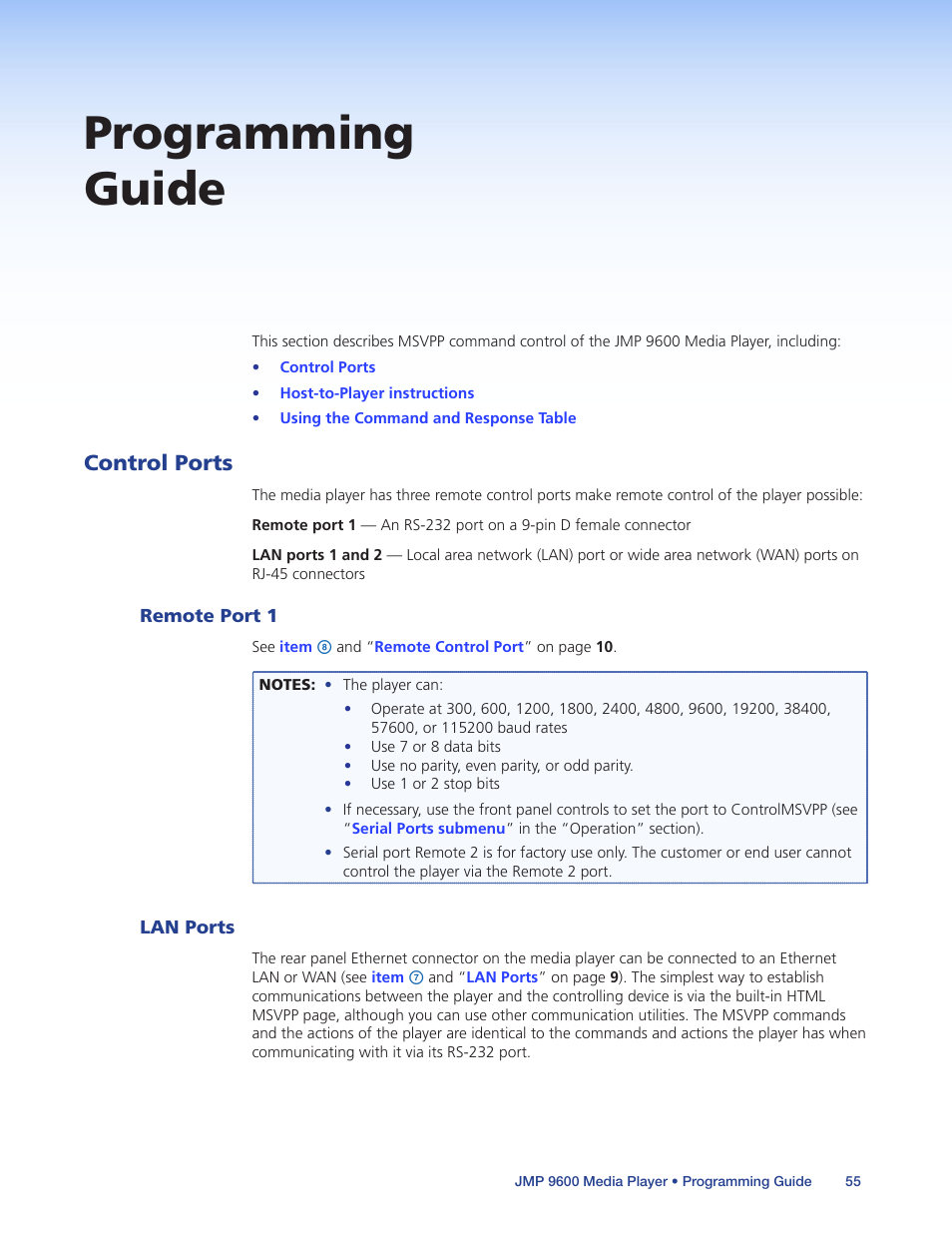 Programming guide, Control ports, Remote port 1 | Lan ports, Remote port 1 lan ports | Extron Electronics JMP 9600 User Guide User Manual | Page 61 / 122