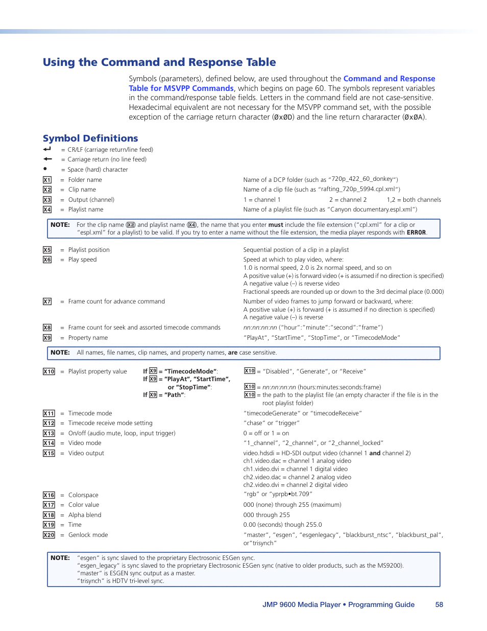 Using the command and response table, Symbol definitions, Symbol | Definitions | Extron Electronics JMP 9600 User Guide User Manual | Page 64 / 122