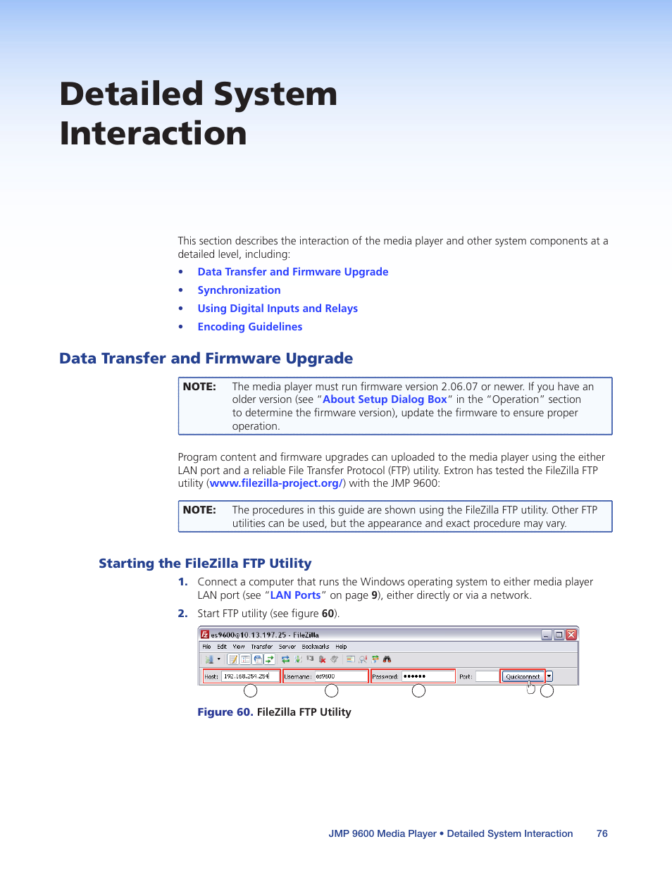 Detailed system interaction, Data transfer and firmware upgrade, Starting the filezilla ftp utility | Oper operation (see, Data, Transfer and firmware upgrade | Extron Electronics JMP 9600 User Guide User Manual | Page 82 / 122