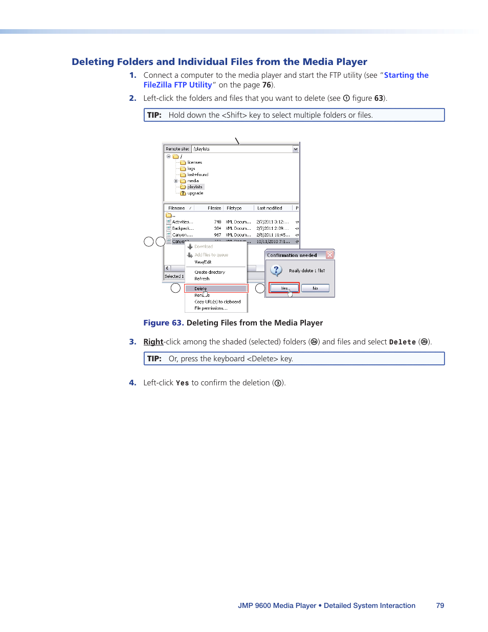 Deleting folders and individual files from, The media player | Extron Electronics JMP 9600 User Guide User Manual | Page 85 / 122