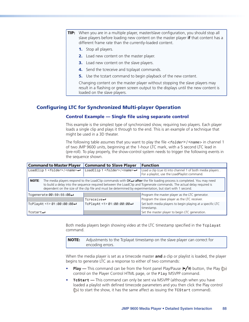 Configuring ltc for synchronized, Multi-player operation, Configuring ltc for synchronized multi-player | Operation | Extron Electronics JMP 9600 User Guide User Manual | Page 94 / 122