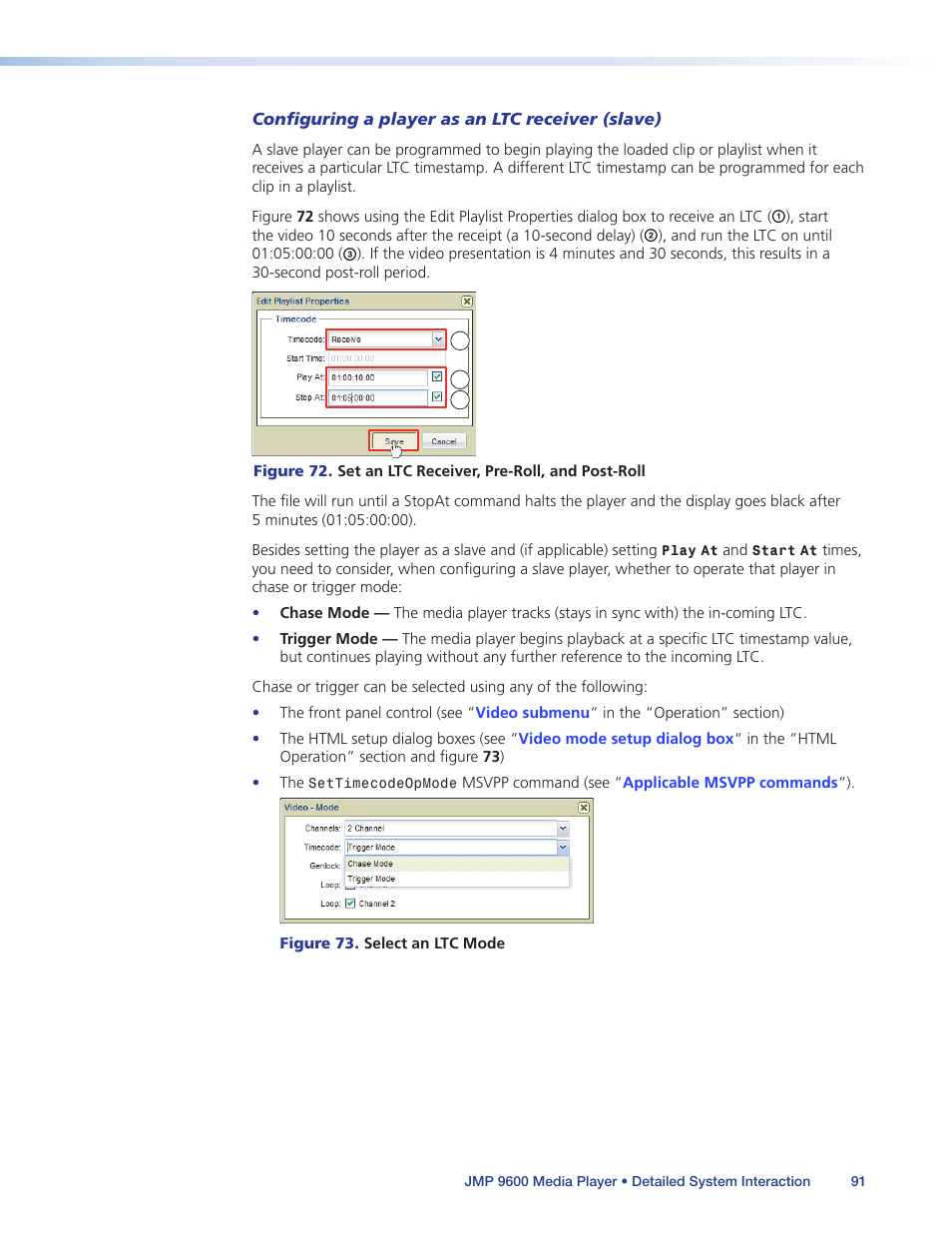 Configuring a player as, An ltc receiver (slave), Examples that ar | Extron Electronics JMP 9600 User Guide User Manual | Page 97 / 122