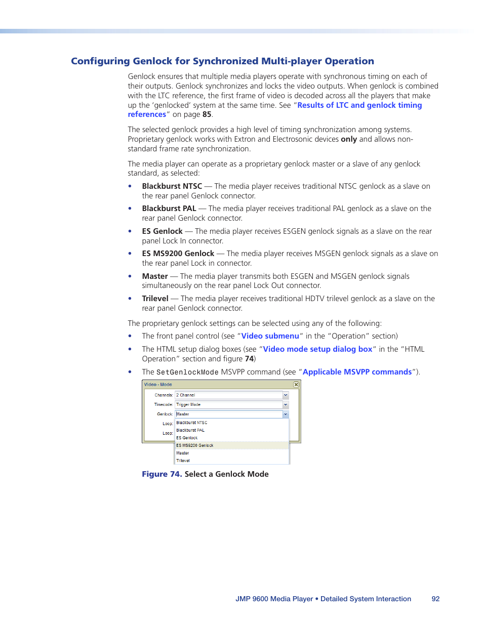 Configuring genlock for synchronized, Multi-player operation | Extron Electronics JMP 9600 User Guide User Manual | Page 98 / 122