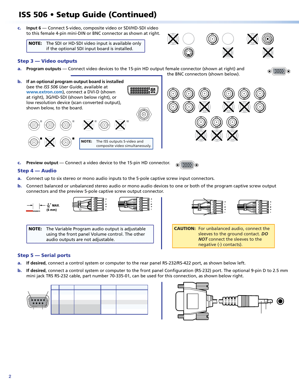 Iss 506 • setup guide (continued), Step 3 — video outputs, Step 4 — audio | Step 5 — serial ports, Config | Extron Electronics ISS 506 Setup Guide User Manual | Page 2 / 4
