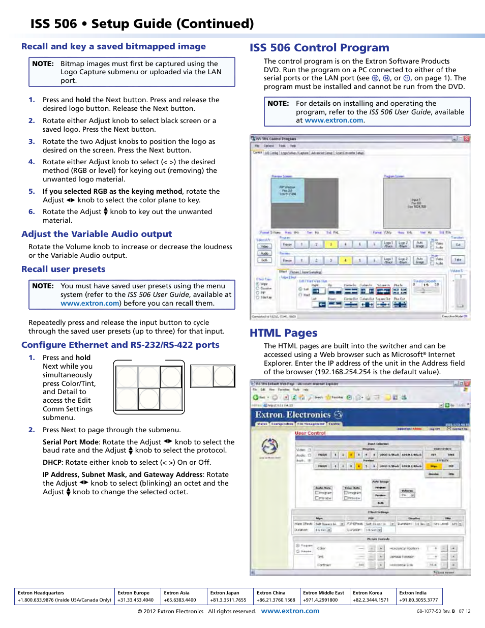 Iss 506 • setup guide (continued), Iss 506 control program, Html pages | Recall and key a saved bitmapped image, Adjust the variable audio output, Recall user presets | Extron Electronics ISS 506 Setup Guide User Manual | Page 4 / 4