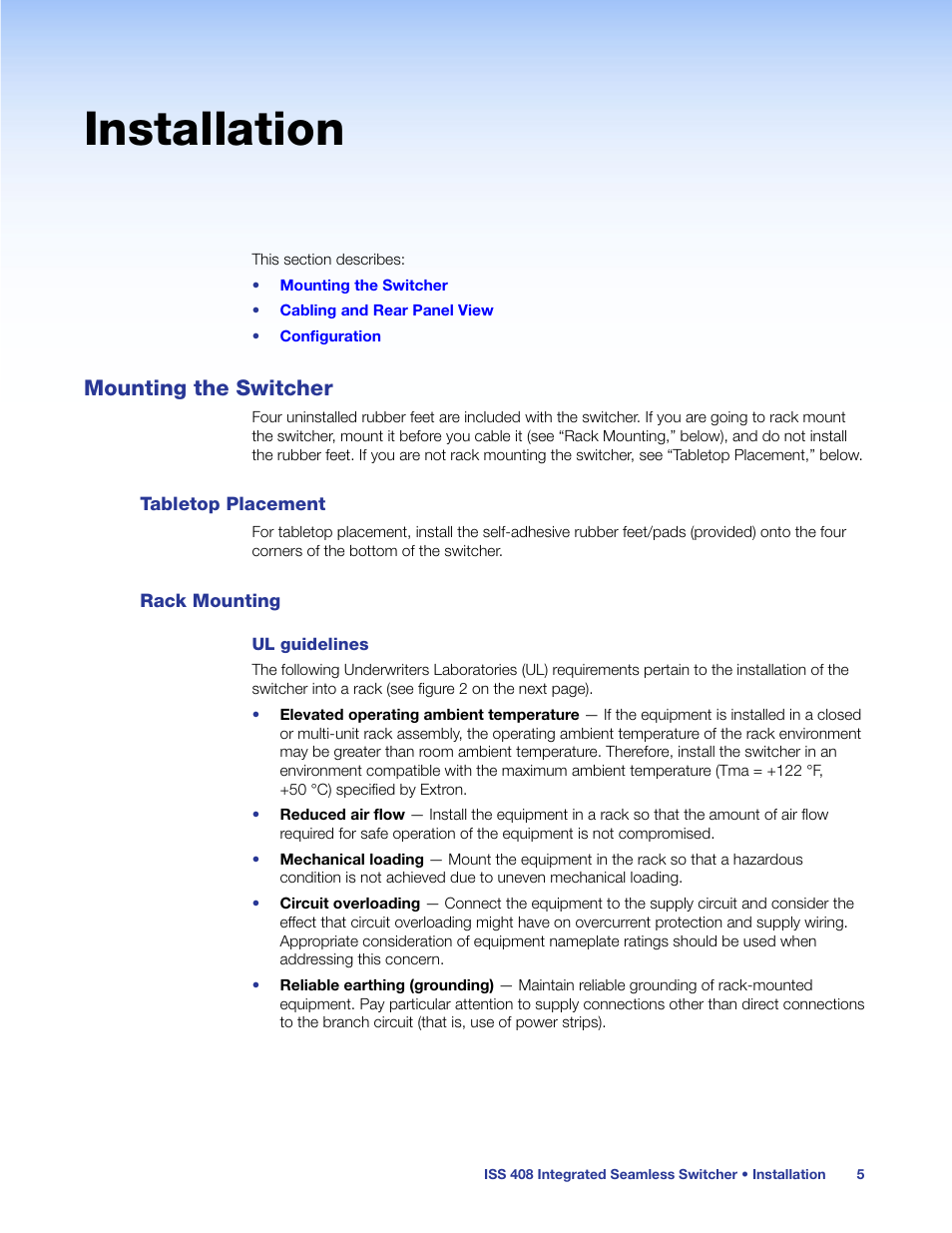 Installation, Mounting the switcher, Tabletop placement | Rack mounting, Tabletop placement rack mounting | Extron Electronics ISS 408 User Manual | Page 11 / 86