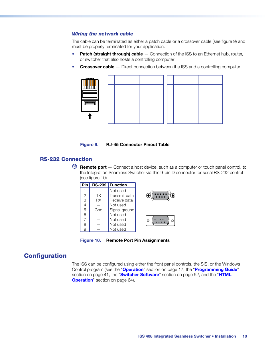 Rs-232 connection, Configuration, Wiring the network cable | Extron Electronics ISS 408 User Manual | Page 16 / 86
