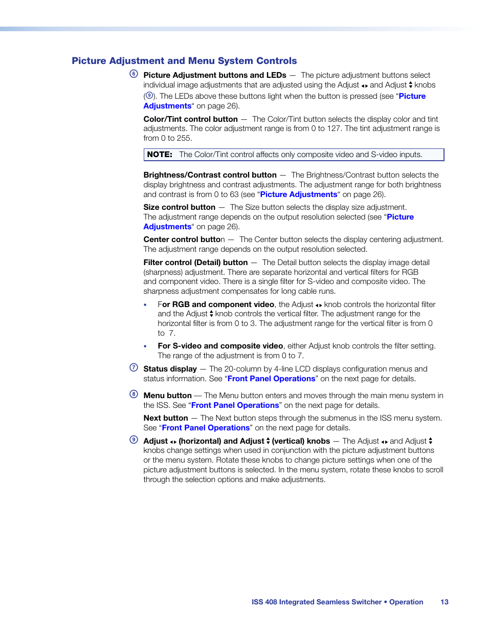 Picture adjustment and menu system controls, Picture adjustment and, Menu system controls | Extron Electronics ISS 408 User Manual | Page 19 / 86