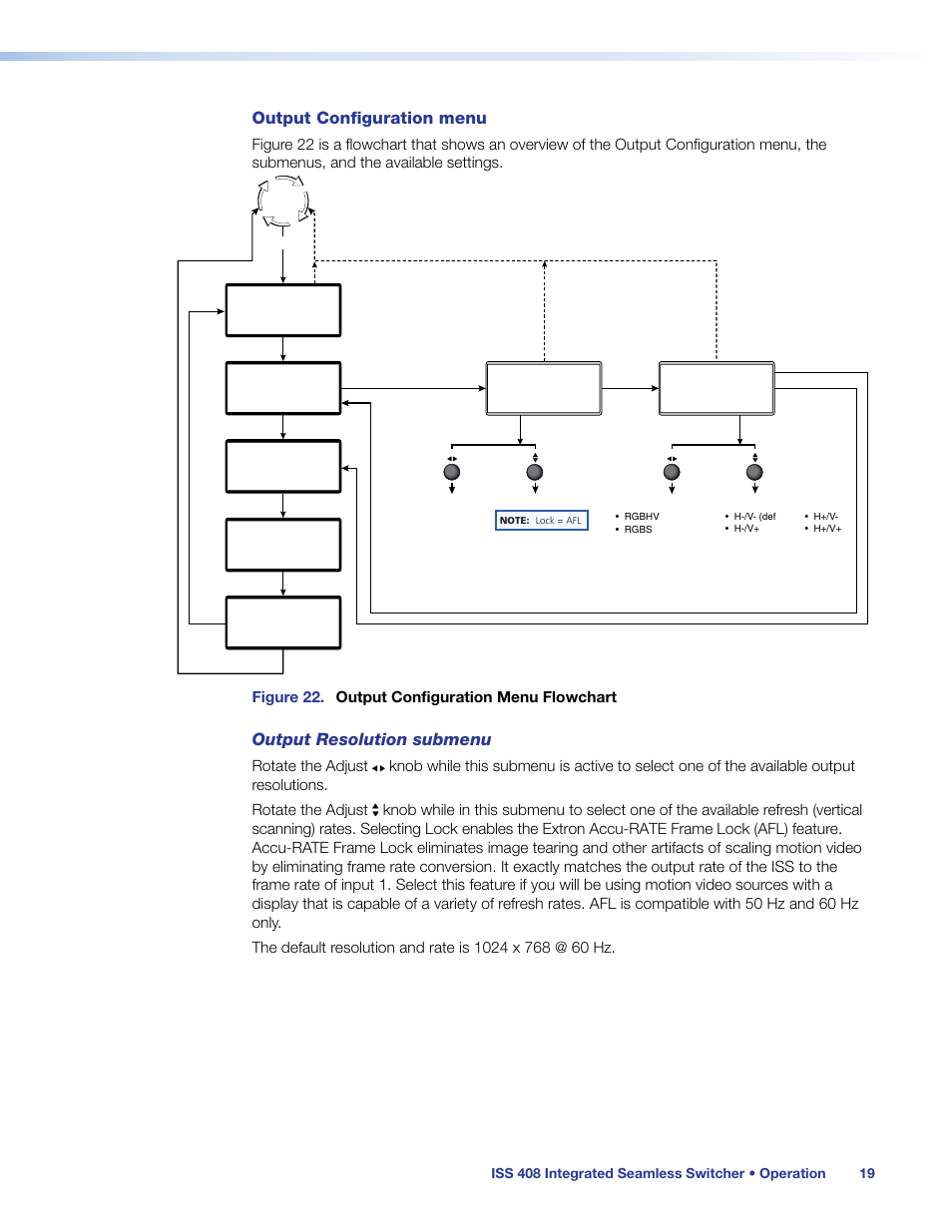 Output configuration menu, Output resolution submenu, Figure 22. output configuration menu flowchart | Extron Electronics ISS 408 User Manual | Page 25 / 86