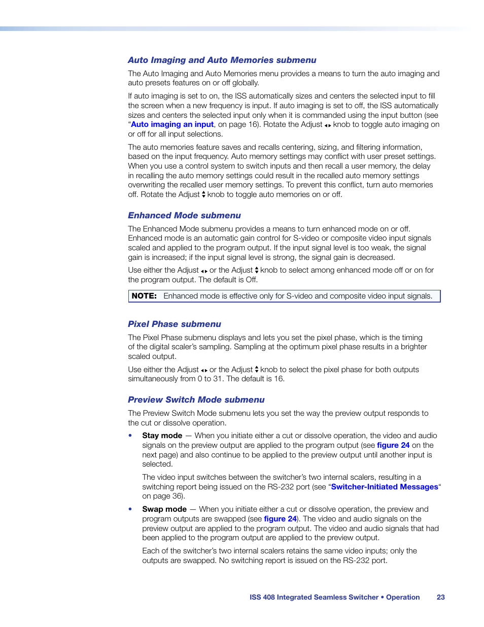 Auto imaging and auto memories, Submenu | Extron Electronics ISS 408 User Manual | Page 29 / 86