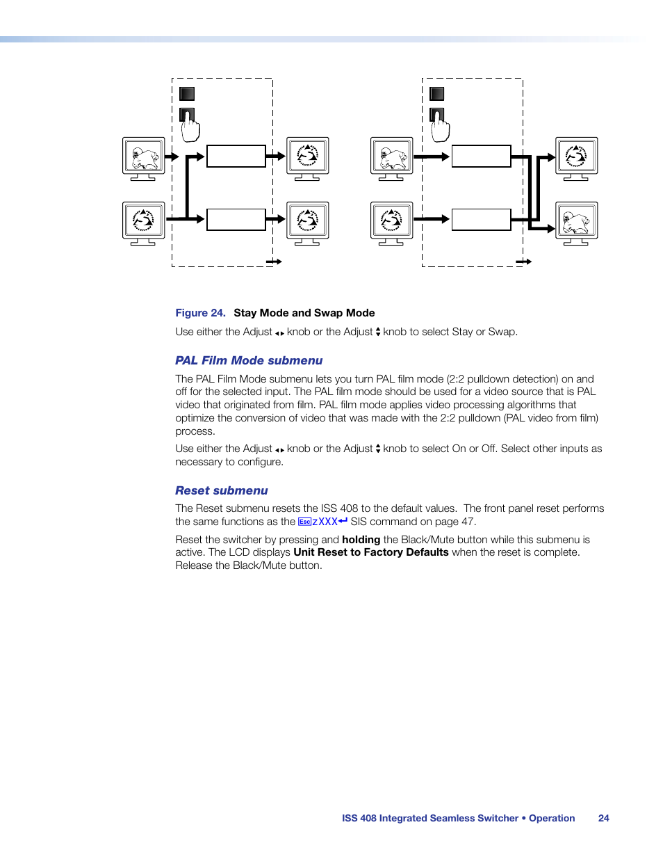 Ogram output (see, Figure 24, On the | The video and audio signals on the, Pal film mode submenu, Reset submenu | Extron Electronics ISS 408 User Manual | Page 30 / 86