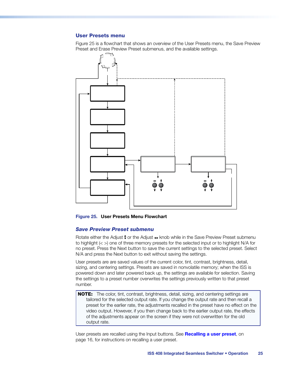 Detail, sizing, and centering settings. see, User presets menu, Save preview preset submenu | Extron Electronics ISS 408 User Manual | Page 31 / 86
