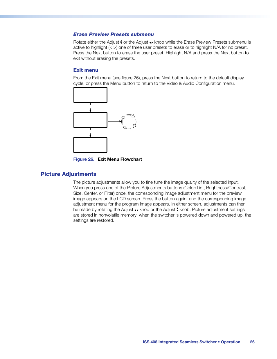 Picture adjustments, Picture, Adjustments | Esolution selected (see, Erase preview presets submenu, Exit menu | Extron Electronics ISS 408 User Manual | Page 32 / 86