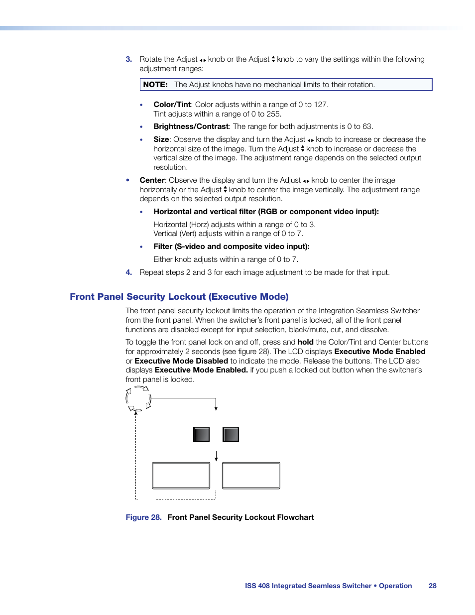 Front panel security lockout (executive mode), Front panel security lockout, Executive mode) | Extron Electronics ISS 408 User Manual | Page 34 / 86