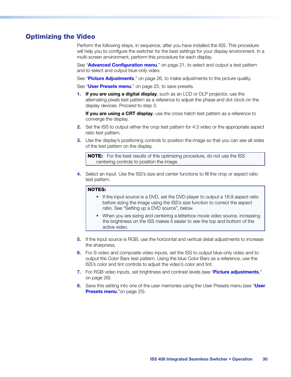 Optimizing the video | Extron Electronics ISS 408 User Manual | Page 36 / 86