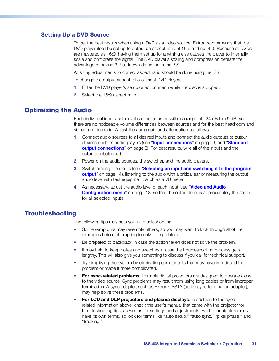 Setting up a dvd source, Optimizing the audio, Troubleshooting | Optimizing the audio troubleshooting | Extron Electronics ISS 408 User Manual | Page 37 / 86
