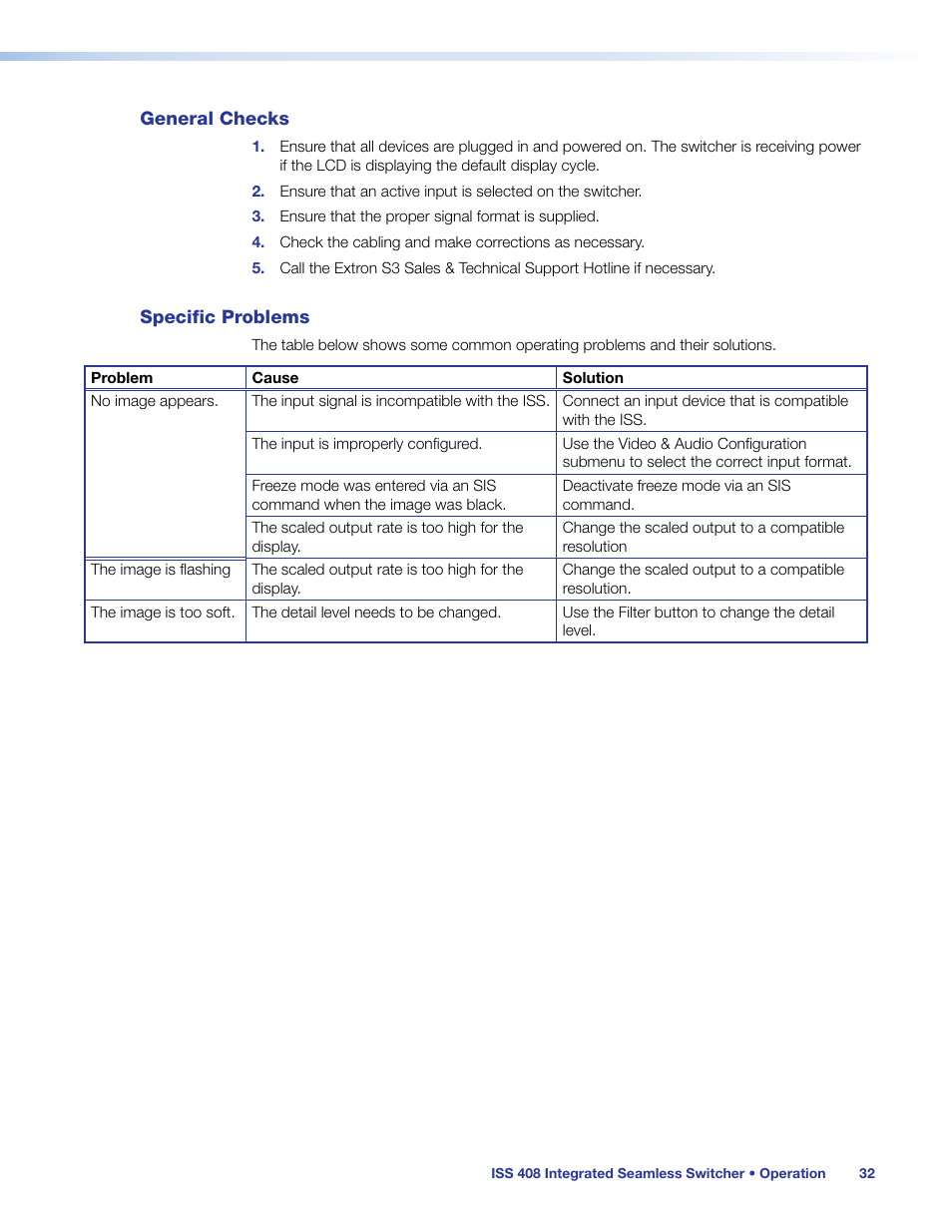 General checks, Specific problems, General checks specific problems | Extron Electronics ISS 408 User Manual | Page 38 / 86
