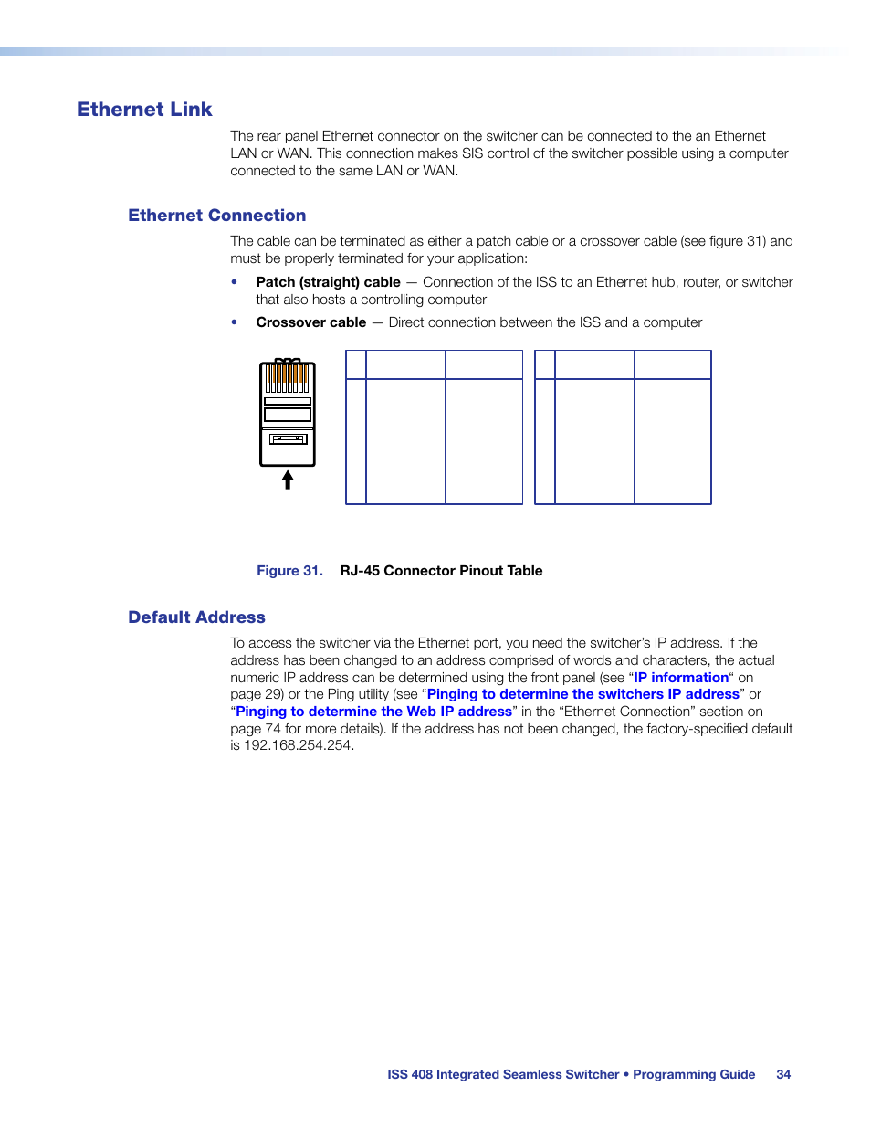 Ethernet link, Ethernet connection, Default address | Ethernet connection default address | Extron Electronics ISS 408 User Manual | Page 40 / 86