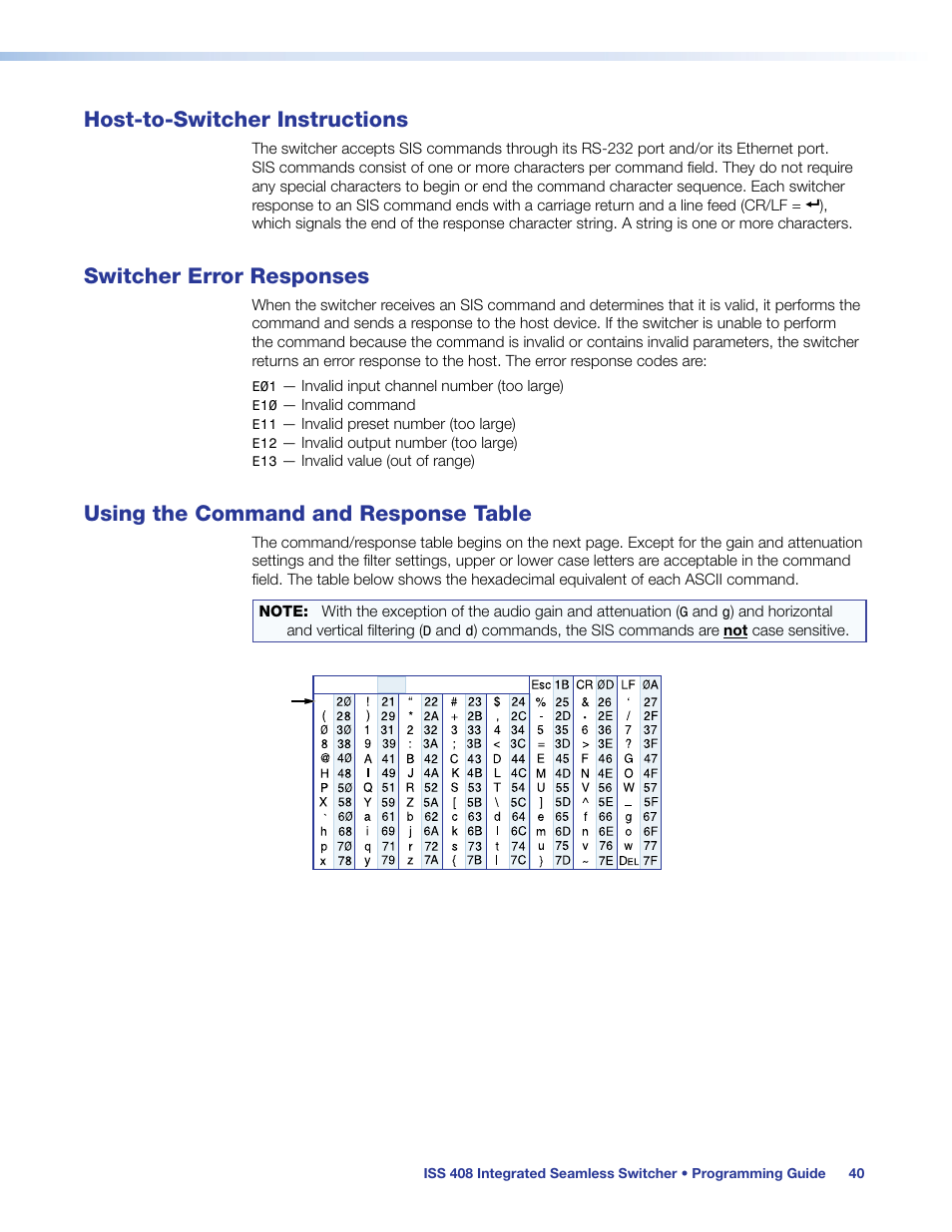 Host-to-switcher instructions, Switcher error responses, Using the command and response table | Extron Electronics ISS 408 User Manual | Page 46 / 86