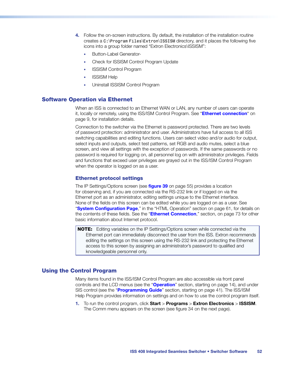 Software operation via ethernet, Using the control program, Switcher software | Extron Electronics ISS 408 User Manual | Page 58 / 86