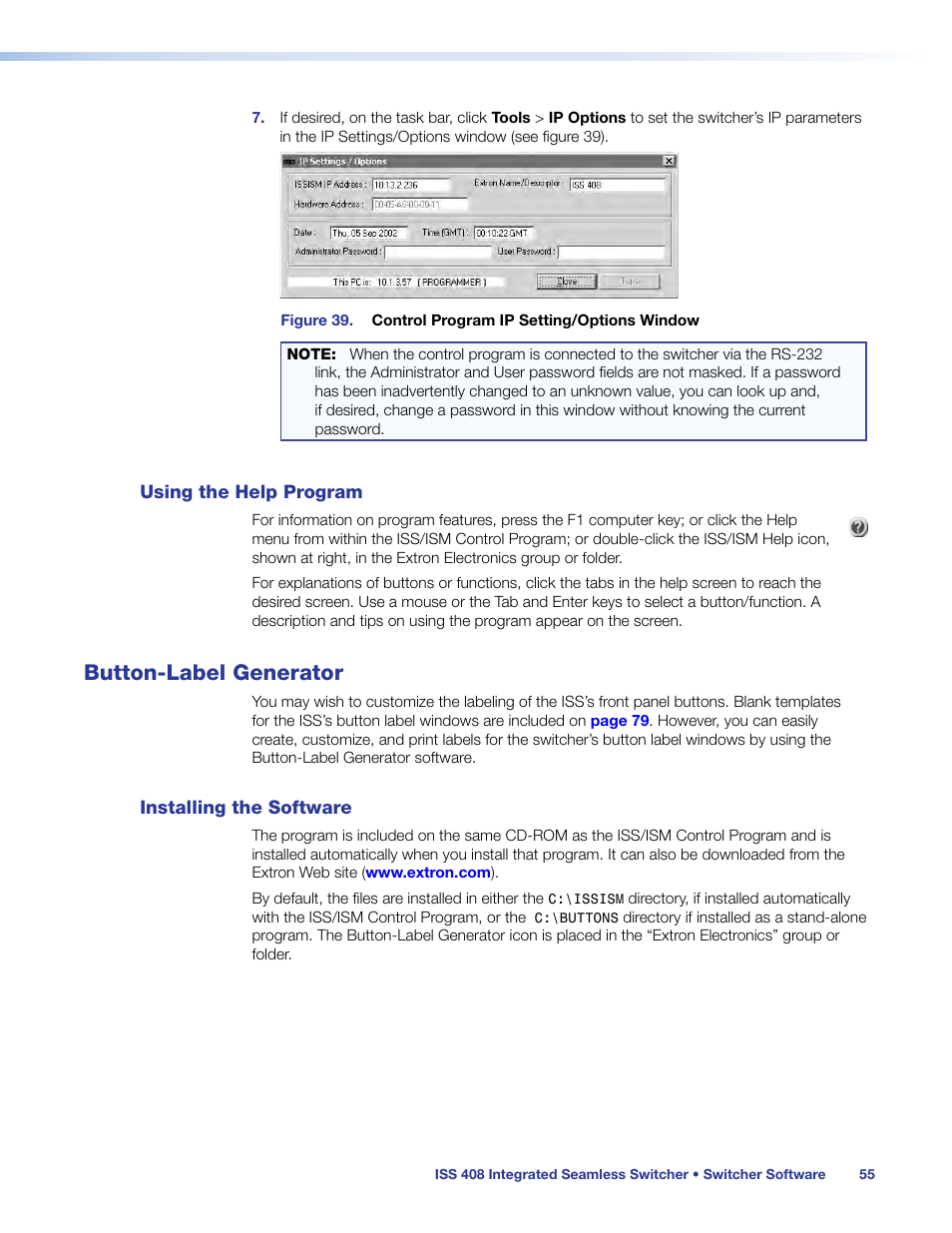 Using the help program, Button-label generator, Installing the software | Een (see, Figure 39 | Extron Electronics ISS 408 User Manual | Page 61 / 86