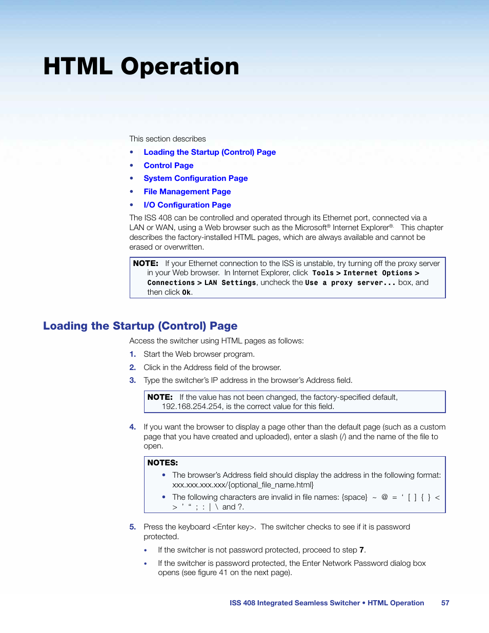 Html operation, Loading the startup (control) page | Extron Electronics ISS 408 User Manual | Page 63 / 86