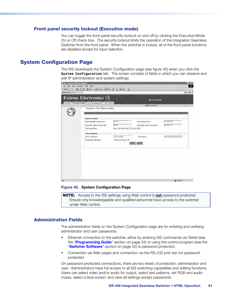 Front panel security lockout (executive mode), Administration fields, Front panel security lockout | Executive mode), System configuration page | Extron Electronics ISS 408 User Manual | Page 67 / 86