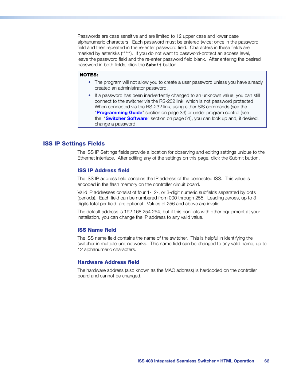 Iss ip settings fields | Extron Electronics ISS 408 User Manual | Page 68 / 86