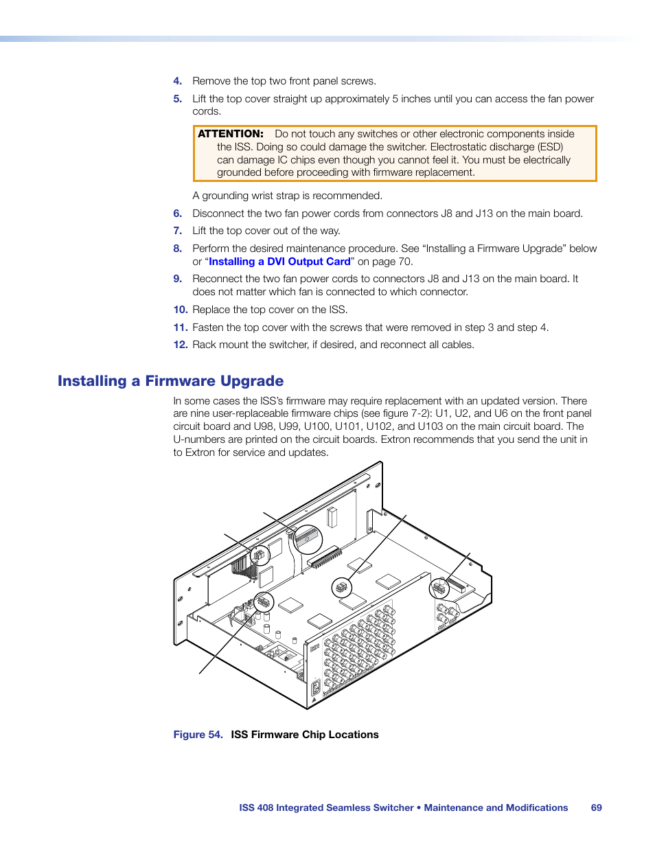 Installing a firmware upgrade, Figure 54. iss firmware chip locations, Extron iss 408 | Switcher | Extron Electronics ISS 408 User Manual | Page 75 / 86