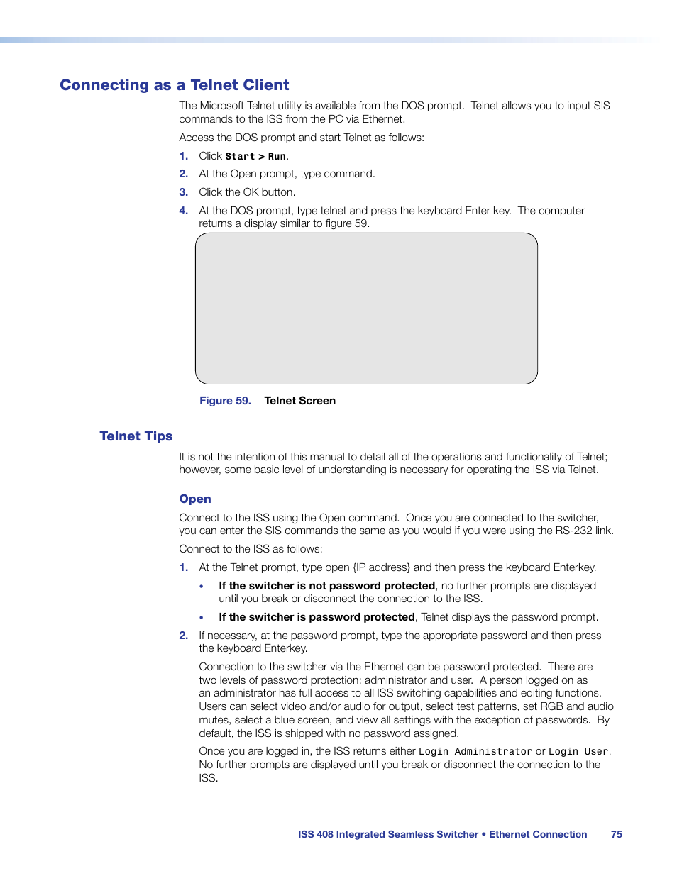 Connecting as a telnet client, Telnet tips | Extron Electronics ISS 408 User Manual | Page 81 / 86