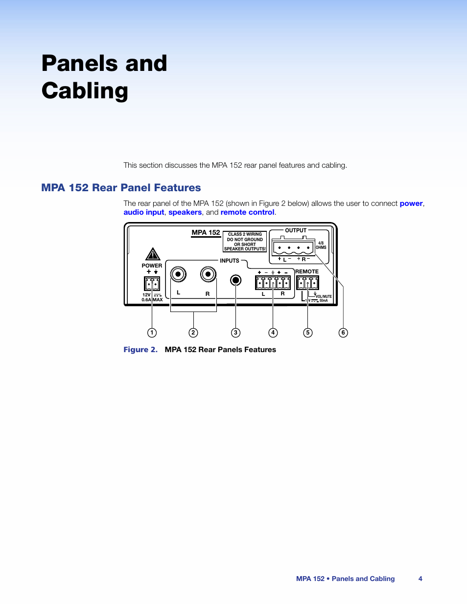 Panels and cabling, Mpa 152 rear panel features | Extron Electronics MPA 152 User Guide User Manual | Page 10 / 22