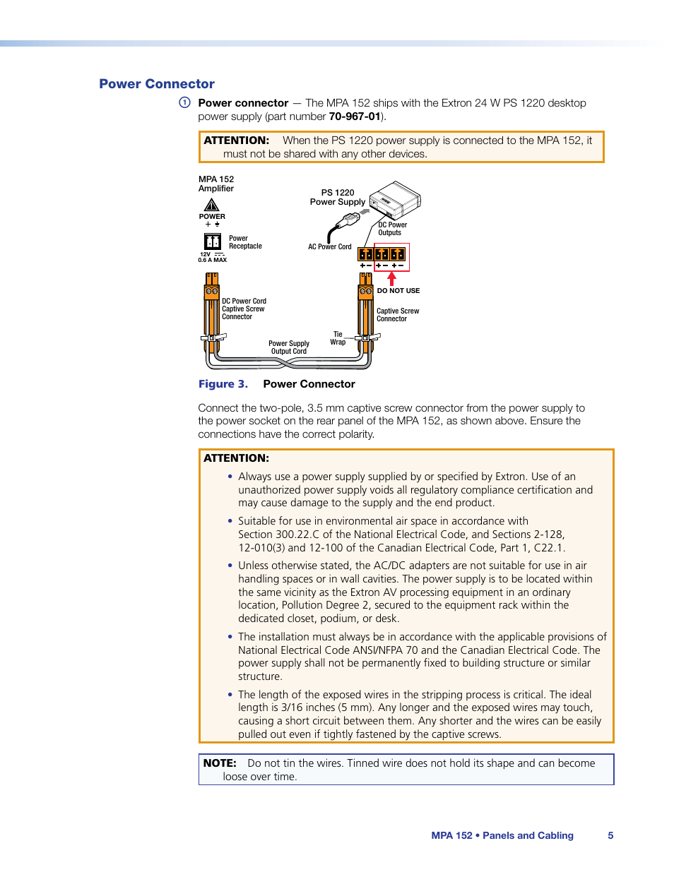 Power connector, Power | Extron Electronics MPA 152 User Guide User Manual | Page 11 / 22