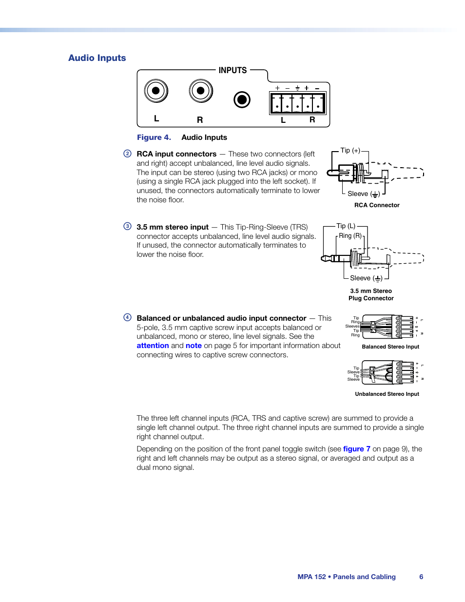 Audio inputs, Audio input, Inputs | Extron Electronics MPA 152 User Guide User Manual | Page 12 / 22