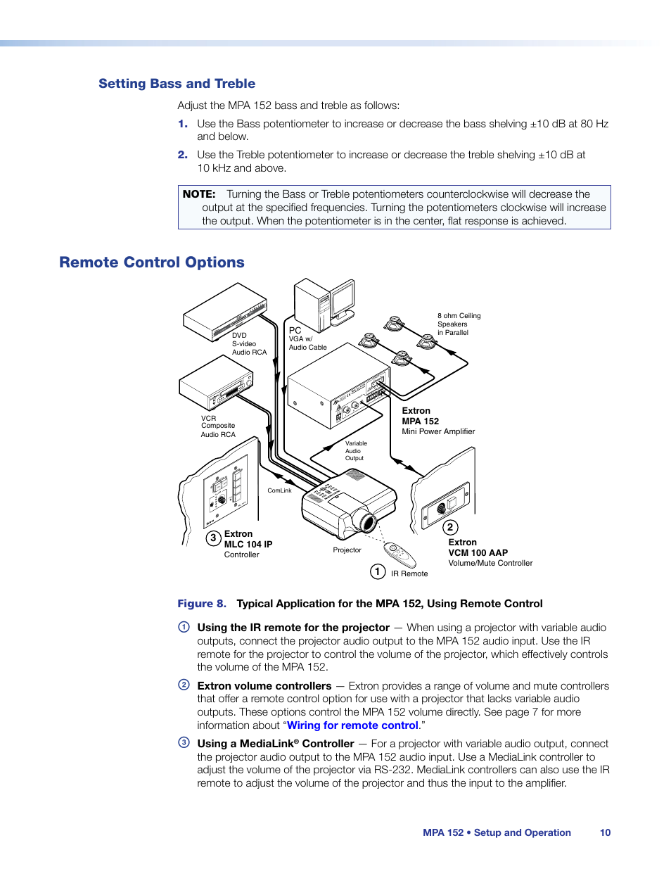 Setting bass and treble, Remote control options, Using a medialink | Cus listed 17t t au dio/vide o ap pa ra tu s, 12 3 config | Extron Electronics MPA 152 User Guide User Manual | Page 16 / 22