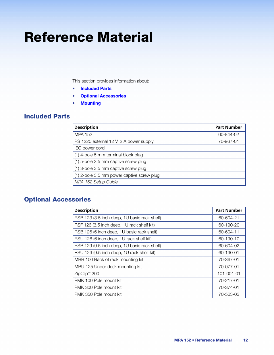 Reference material, Included parts, Optional accessories | Included parts optional accessories | Extron Electronics MPA 152 User Guide User Manual | Page 18 / 22