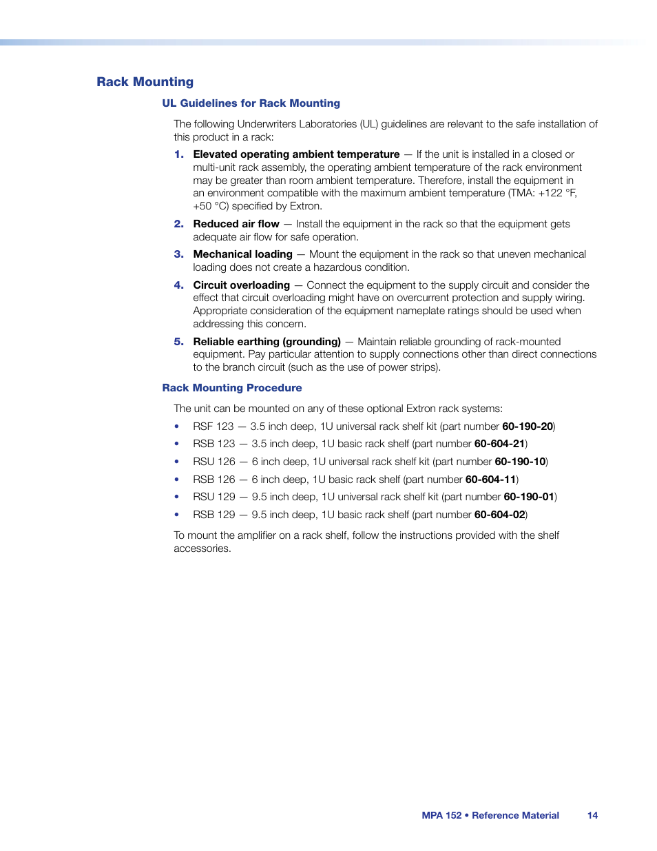 Rack mounting | Extron Electronics MPA 152 User Guide User Manual | Page 20 / 22