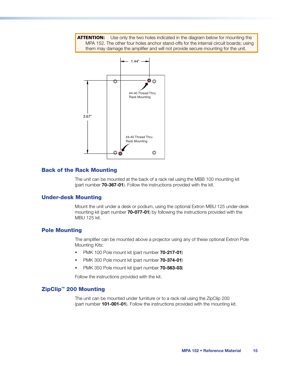 Back of the rack mounting, Under-desk mounting, Pole mounting | Zipclip™ 200 mounting, 200 mounting | Extron Electronics MPA 152 User Guide User Manual | Page 21 / 22