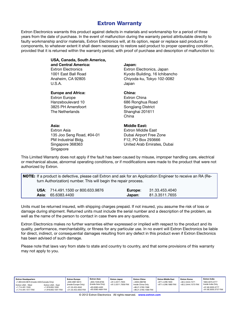 Extron warranty, Extron contact information | Extron Electronics MPA 152 User Guide User Manual | Page 22 / 22