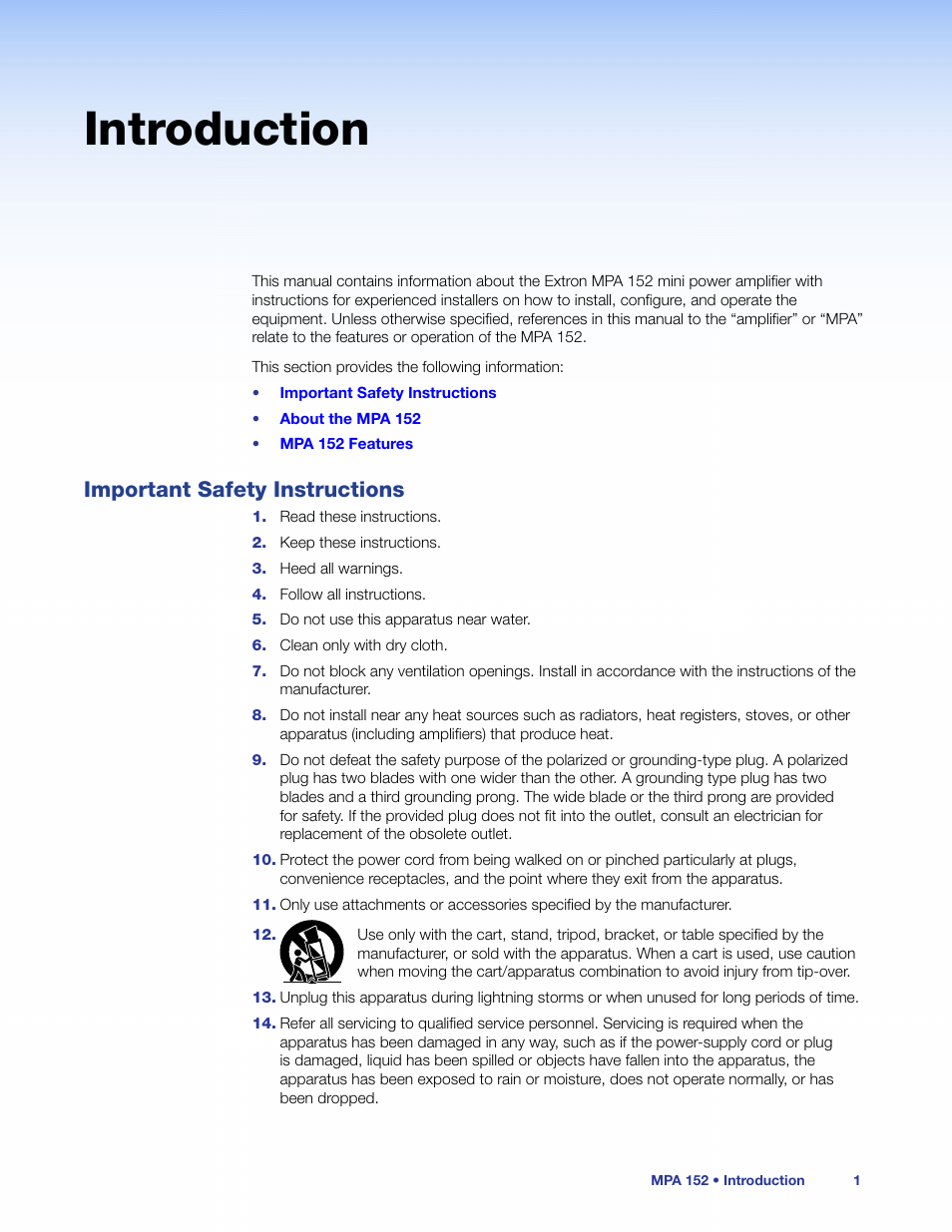 Introduction, Important safety instructions | Extron Electronics MPA 152 User Guide User Manual | Page 7 / 22