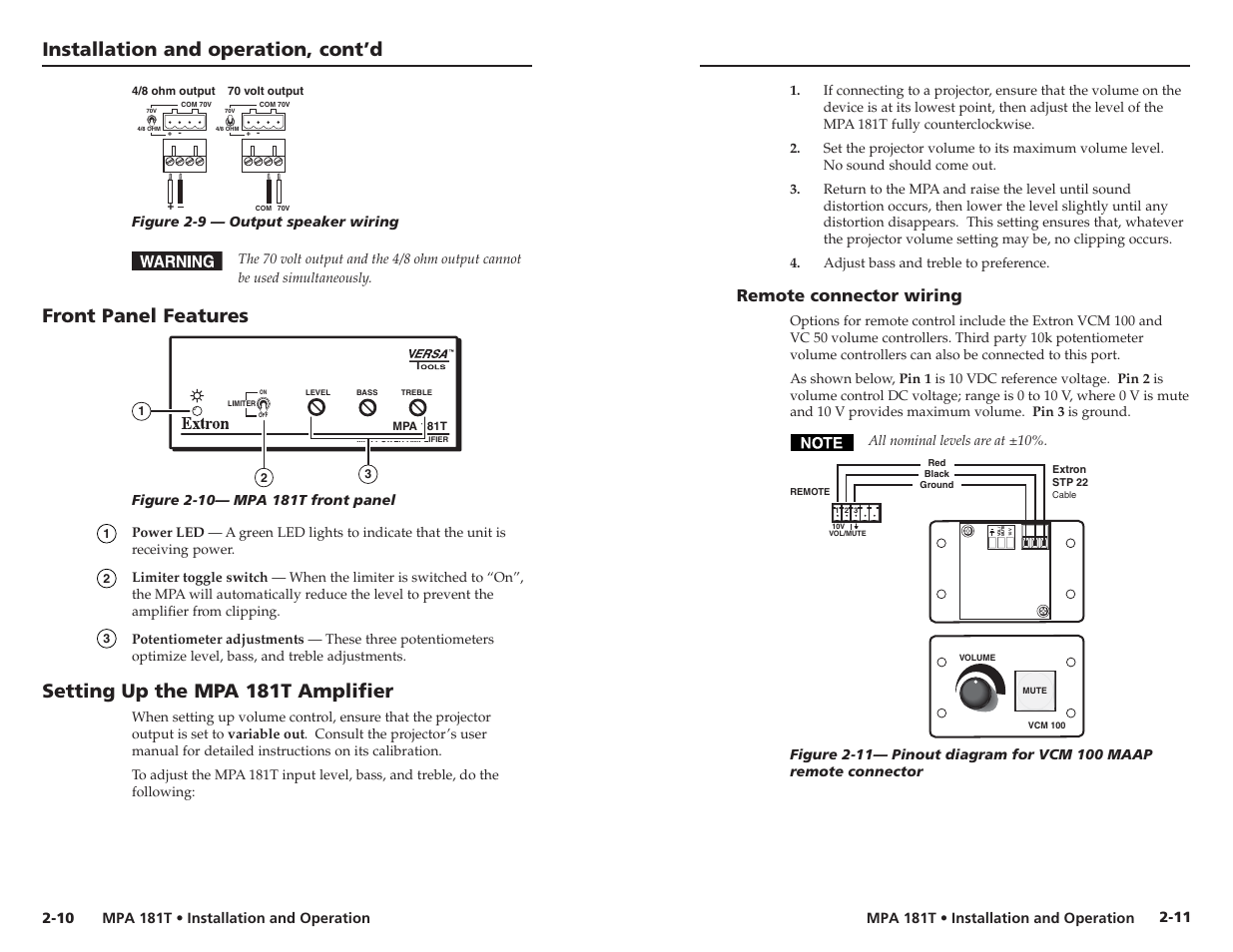 Installation and operation, cont’d, Front panel features, Setting up the mpa 181t amplifier | Remote connector wiring | Extron Electronics MPA 181T User Guide User Manual | Page 13 / 18