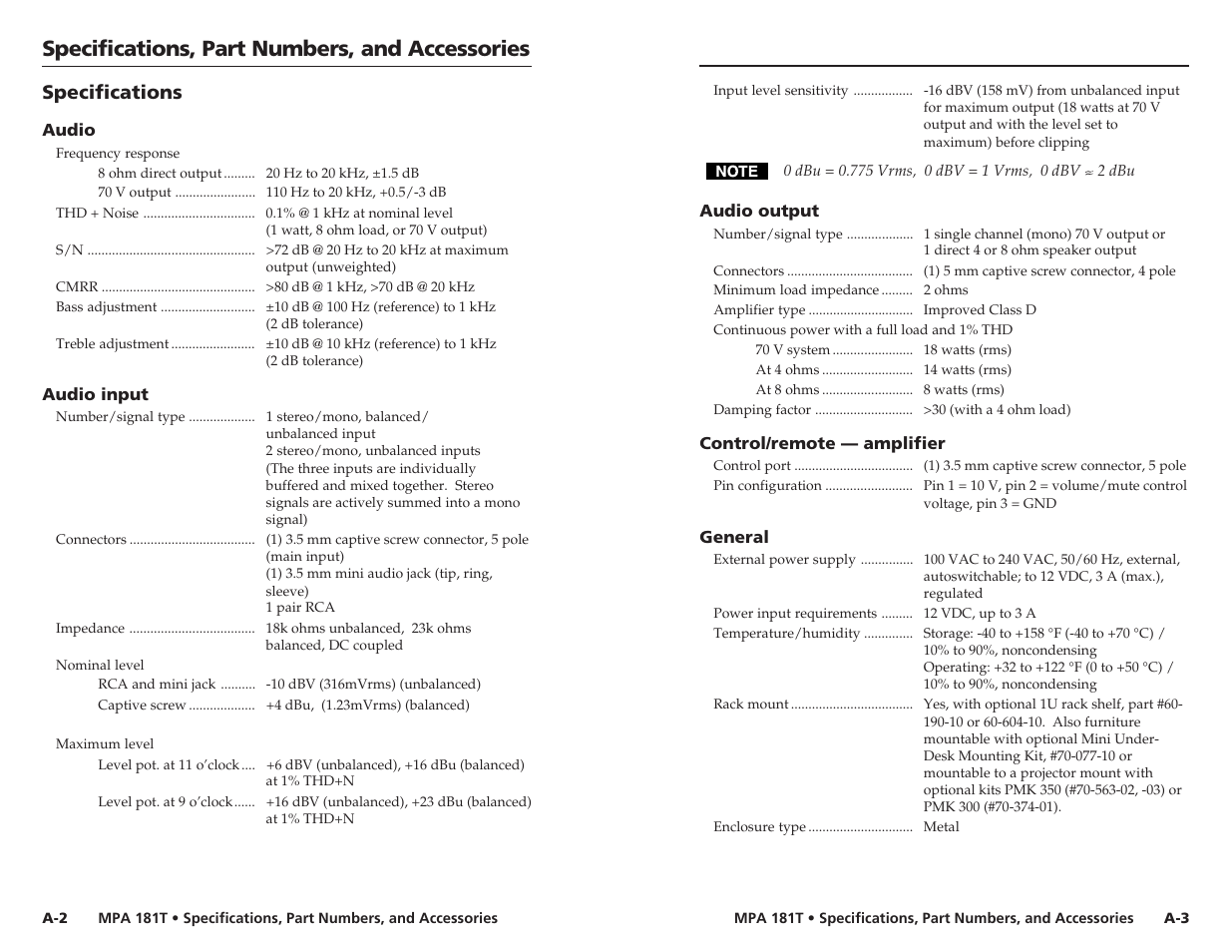 Specifications, part numbers, and accessories, Specifications | Extron Electronics MPA 181T User Guide User Manual | Page 16 / 18