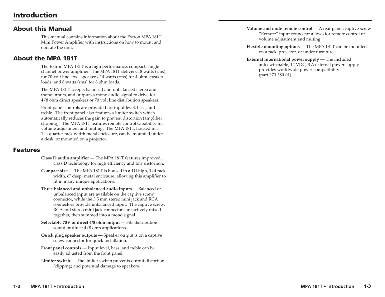 Introduction, About this manual, About the mpa 181t | Features | Extron Electronics MPA 181T User Guide User Manual | Page 7 / 18