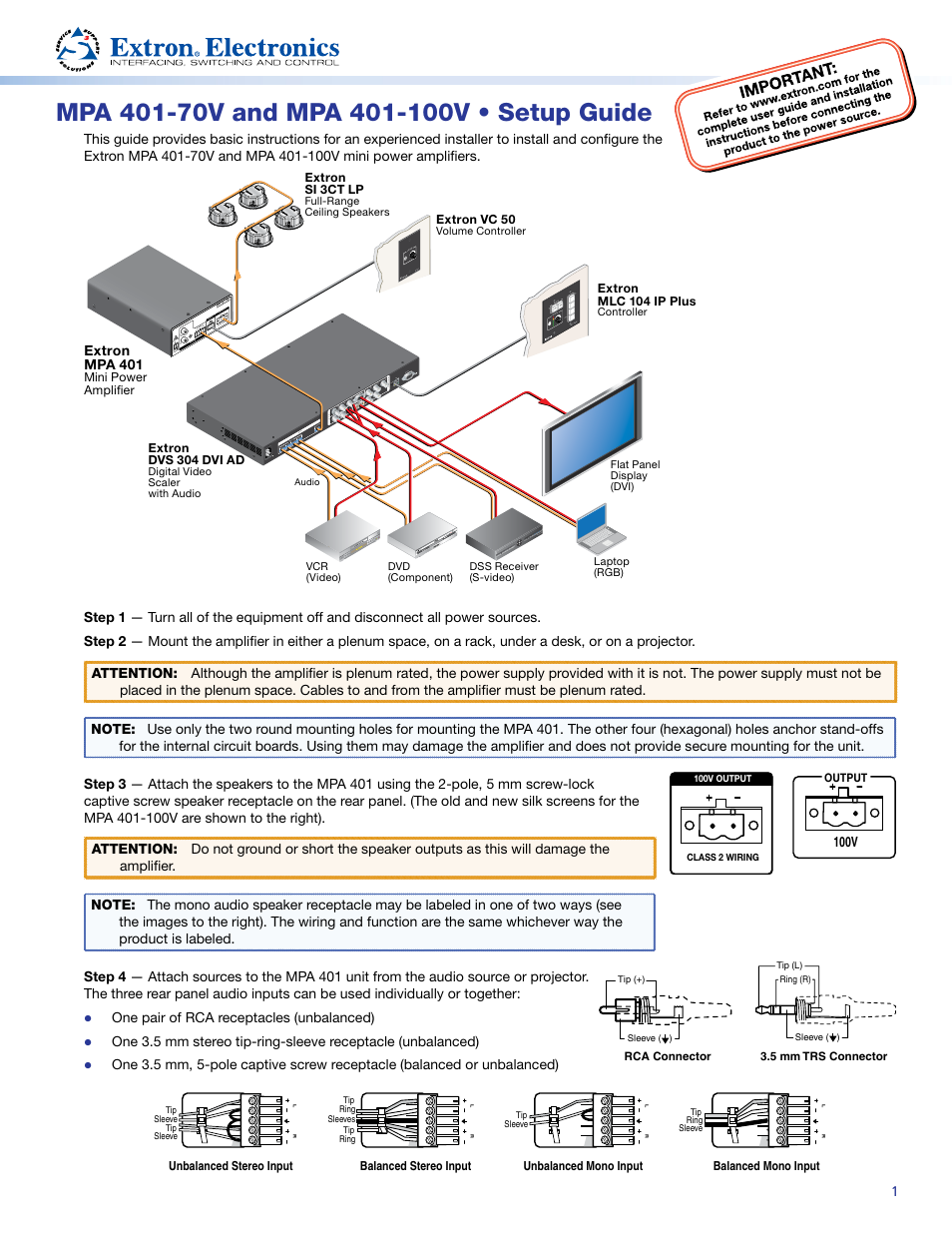 Extron Electronics MPA 401 Series Setup Guide User Manual | 2 pages