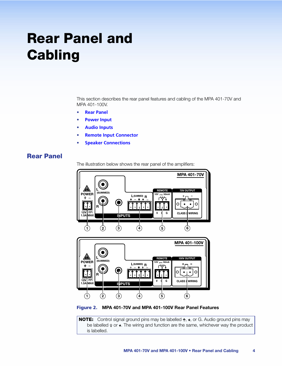 Rear panel and cabling, Rear panel | Extron Electronics MPA 401 Series User Guide User Manual | Page 10 / 22