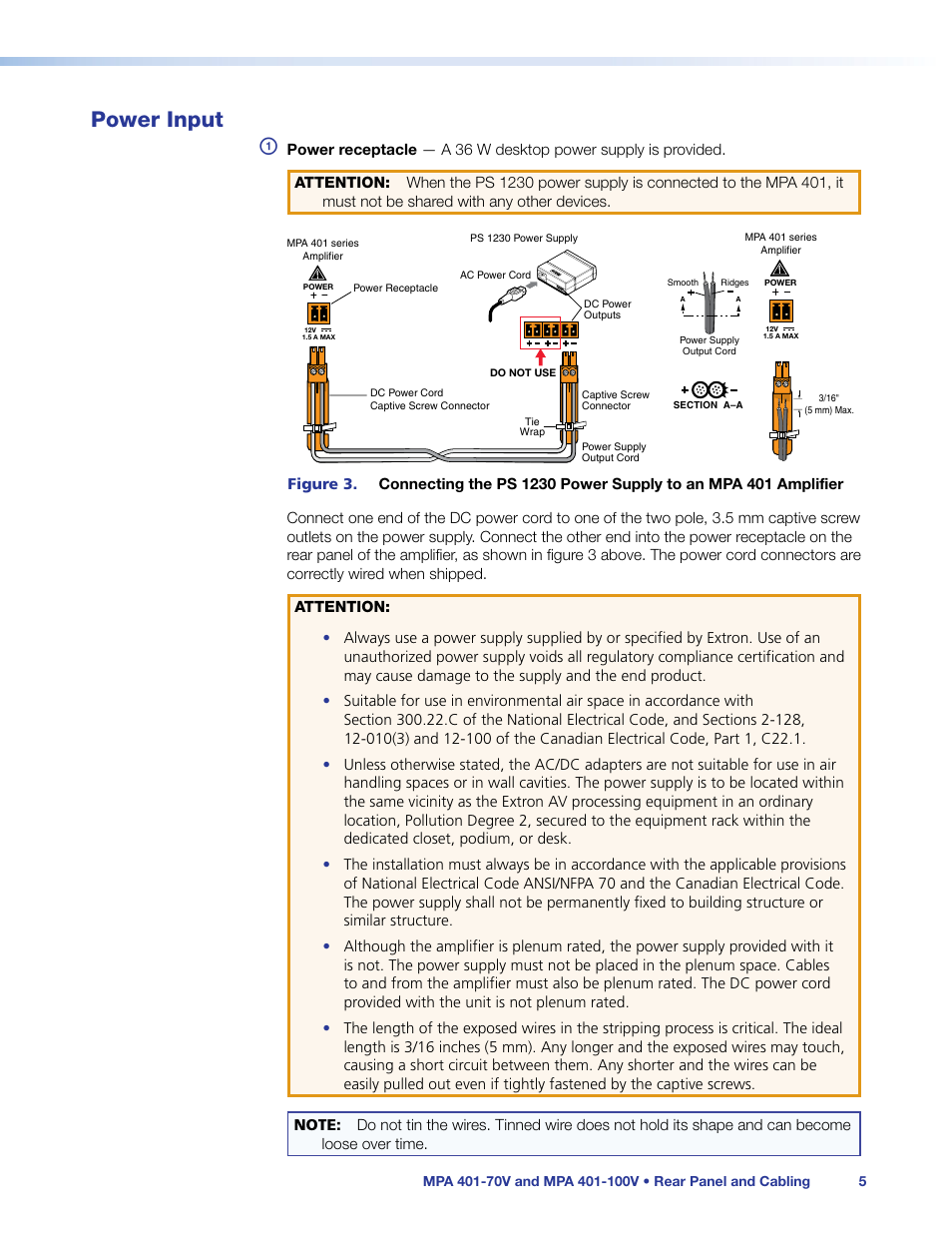 Power input, Power, 5a ma | Extron Electronics MPA 401 Series User Guide User Manual | Page 11 / 22
