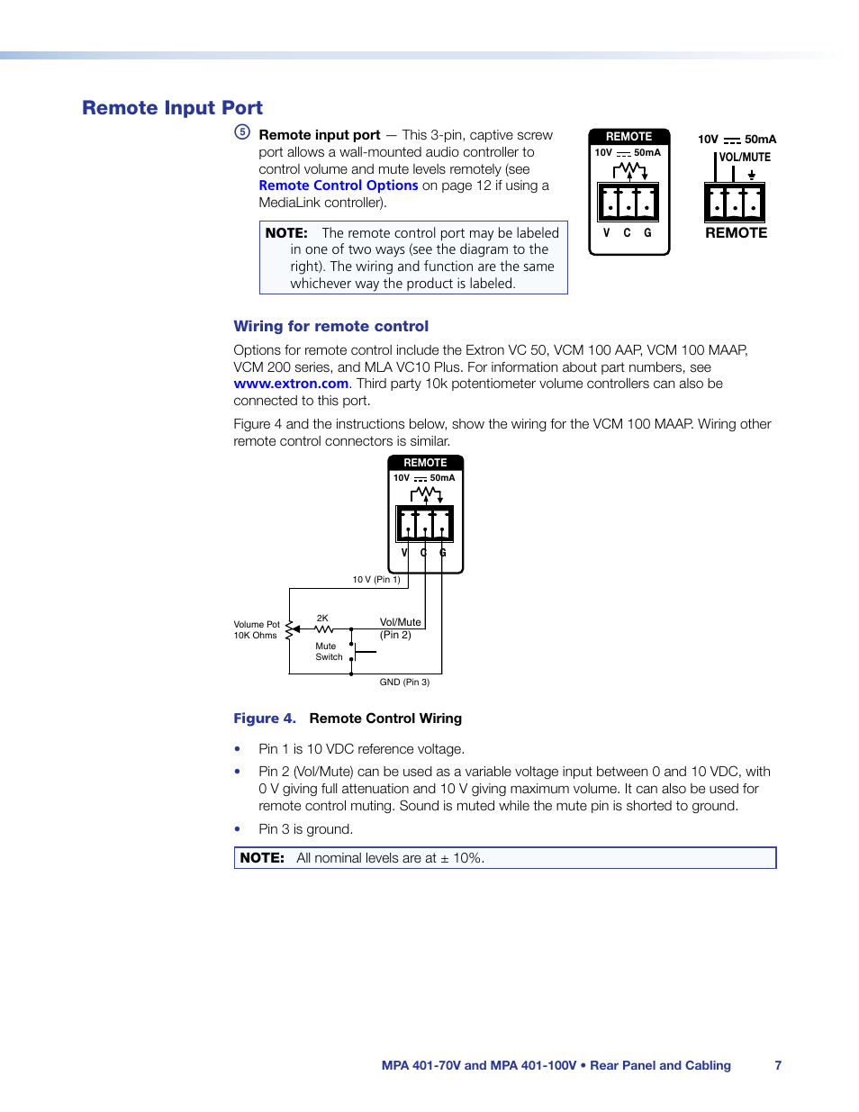 Remote input port, Remote input connector, Summed) | Inputs | Extron Electronics MPA 401 Series User Guide User Manual | Page 13 / 22